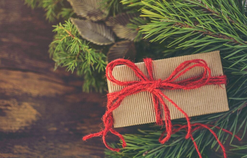 Kleines, braunes Geschenk mit roter Schnur auf grünen Tannenzweigen